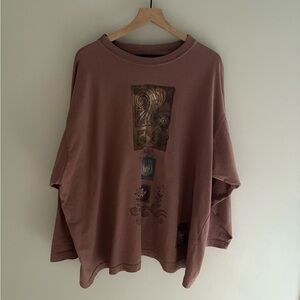 90s Grunge Blue Fish Lagenlook Art to Wear Mauve 100% Cotton Long Sleeve Shirt